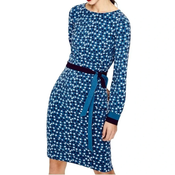 Boden Fawn Jersey Shift Midi Dress Size 4L Long Blue White Stars Novelty Stretch - Picture 1 of 9
